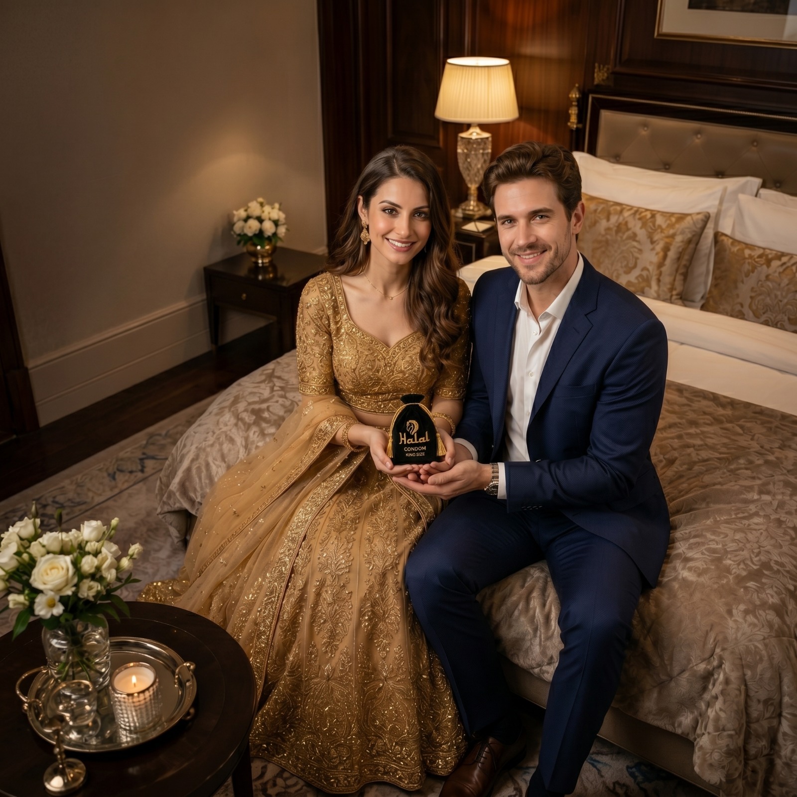 Couple holding Halal Condoms King Size pouch in a premium bedroom setting